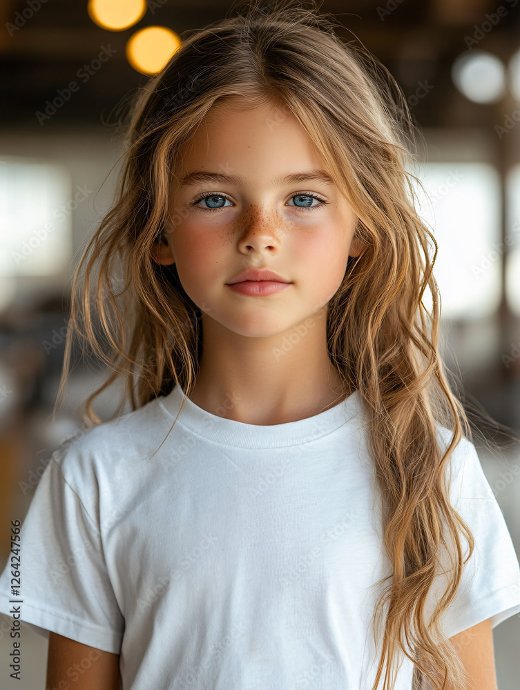 Young girl long wavy hair wearing simple white t-shirt standing natural light soft focus portrait youthful innocence beauty cute gentle mockup cute toddler kid child daughter commercial fashion Young girl long wavy hair wearing simple white t-shirt standing natural light soft focus portrait youthful innocence beauty cute gentle mockup cute toddler kid child daughter commercial fashion