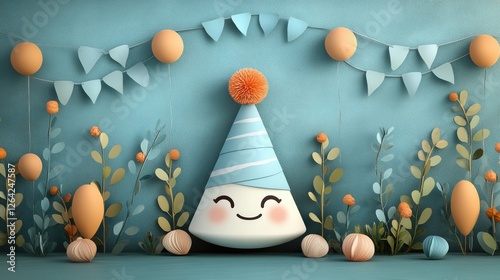 Cheerful party decoration featuring a smiling character with festive elements and vibrant foliage