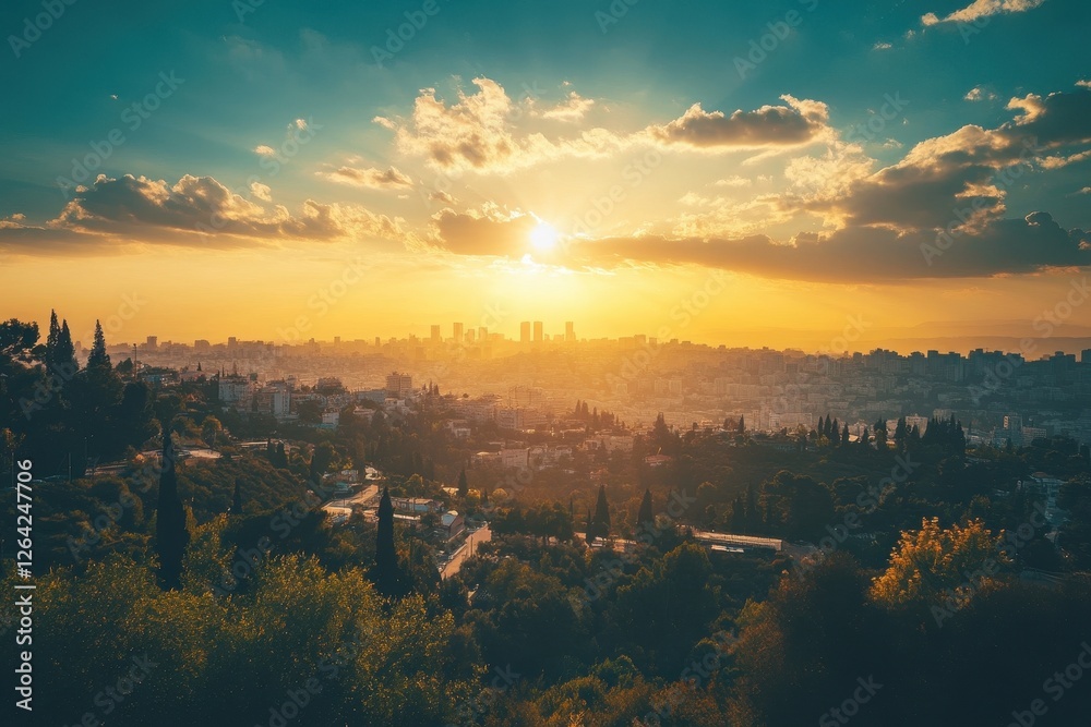Obraz premium Golden sunset over cityscape, hills, and trees. Perfect for travel, nature, or city themes, evokes peace and tranquility.