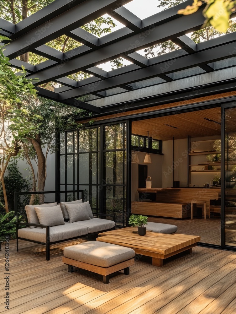 Naklejka premium Modern outdoor patio seating area with pergola and sunlight