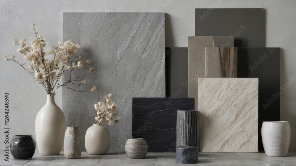 Obraz premium Decorative items arranged on tiled floor with vases and dried flowers against white wall, marblelike surface in center.