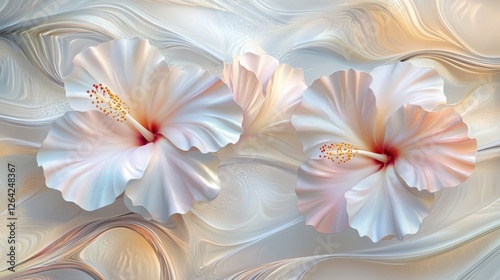 Elegant Hibiscus Blooms on Swirling Cream Canvas