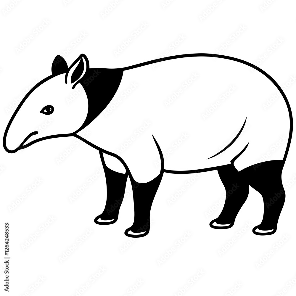 Obraz premium Cute Silhouette Tapir Line Art Black Vector Carton Illustration
