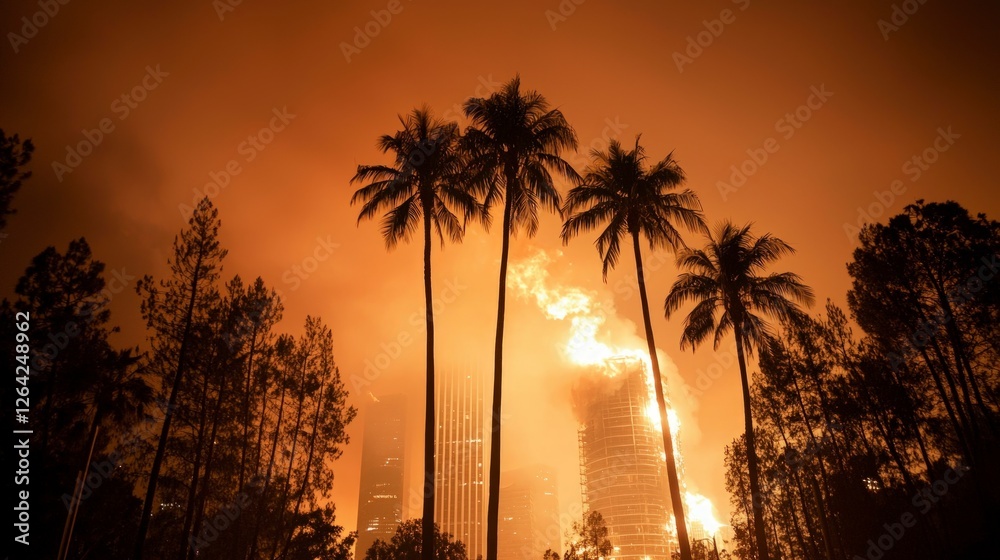 Obraz premium Dramatic Sunset Burning Building Palm Trees Cityscape Fire Smoke Haze Night Orange