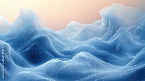 Ethereal blue waves undulating in a serene landscape with a soft pastel background