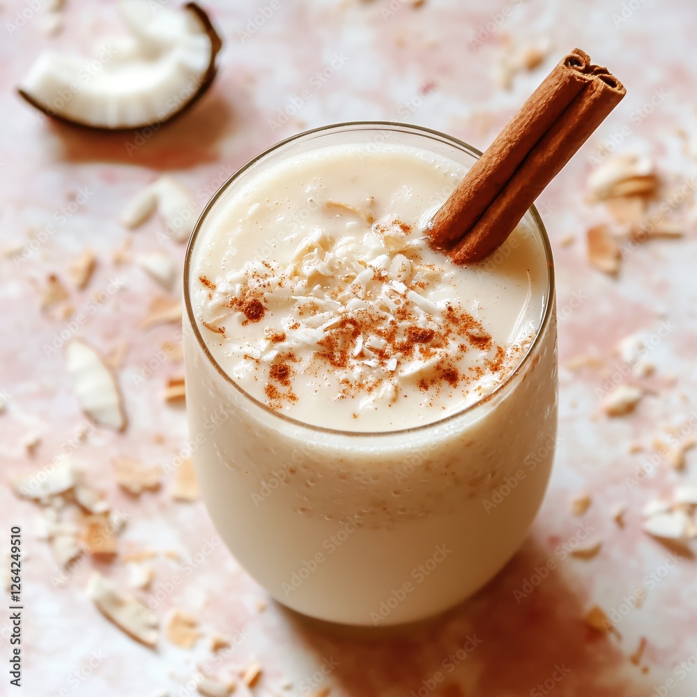 Creamy coconut smoothie with cinnamon stick and coconut flakes on a pink marble surface Creamy coconut smoothie with cinnamon stick and coconut flakes on a pink marble surface