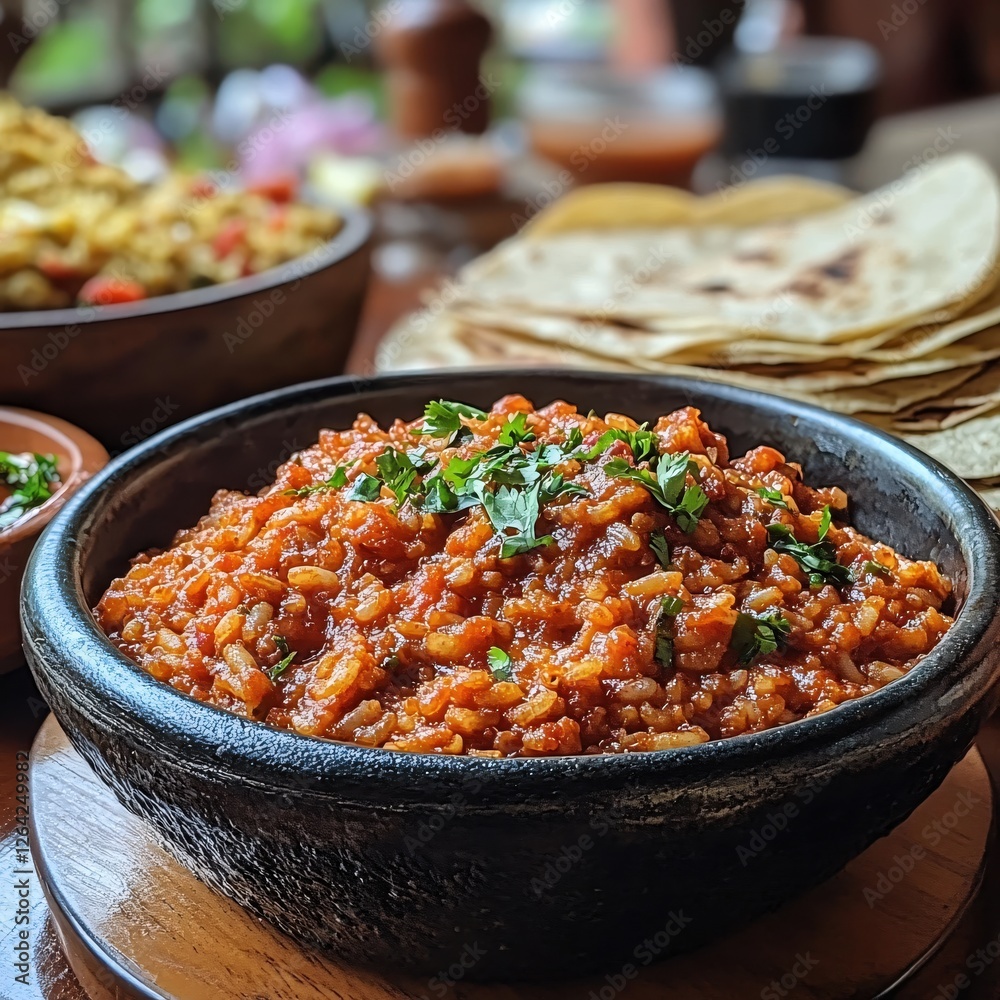 Mexican rice with tomato sauce and cilantro in a black bowl with tortillas on the table Mexican rice with tomato sauce and cilantro in a black bowl with tortillas on the table
