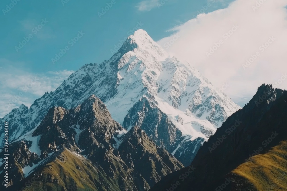 Obraz premium Majestic snow mountain against a blue sky, rocky foreground, cloudy background