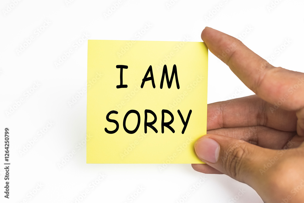 male hand holding sticky notes with i am sorry words message on white background male hand holding sticky notes with i am sorry words message on white background