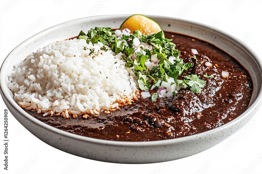 Delicious mole with rice and fresh toppings in a bowl on a white background closeup