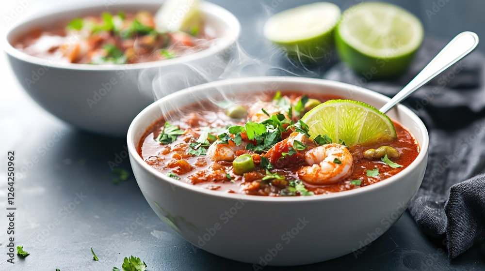 Steaming Shrimp Soup Bowl with Lime and Cilantro Garnish Aromatic and Delicious Meal Steaming Shrimp Soup Bowl with Lime and Cilantro Garnish Aromatic and Delicious Meal