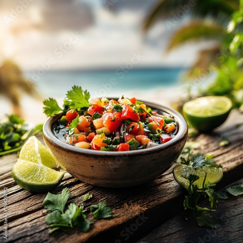 Vibrant salsa bowl with fresh cilantro and lime on wooden board against tropical beach view photo