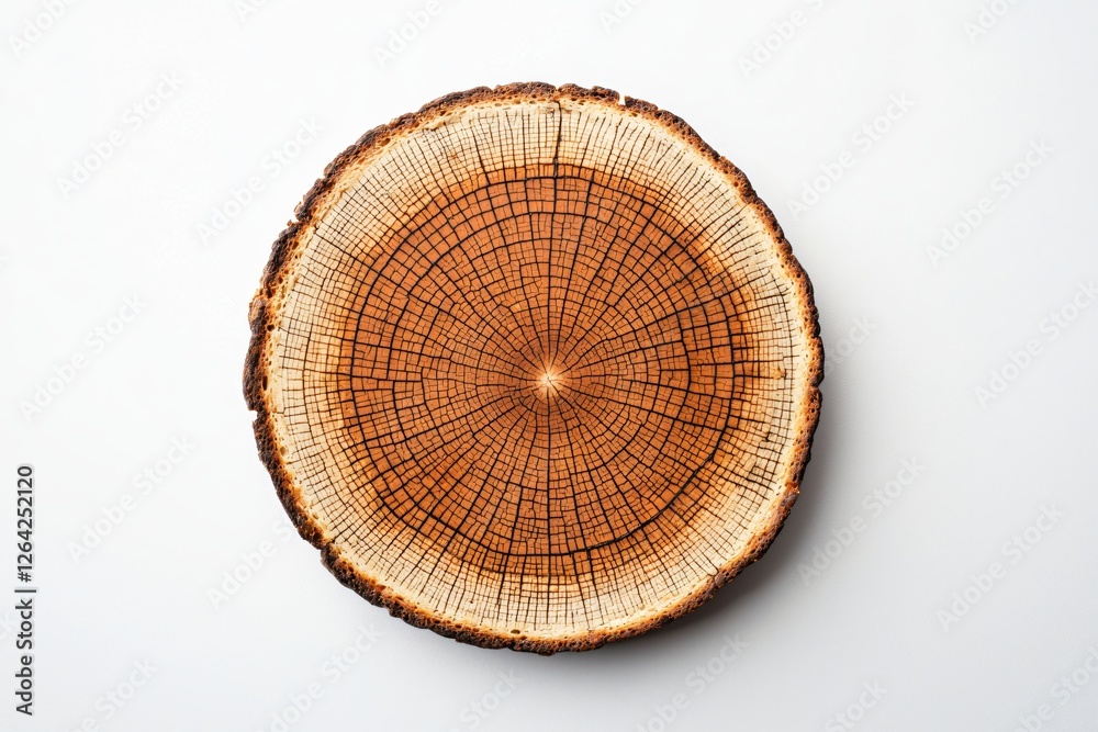 Fototapeta premium Concentric Tree Ring Patterned Wood Slice Against White Backdrop Natural Texture and Detail