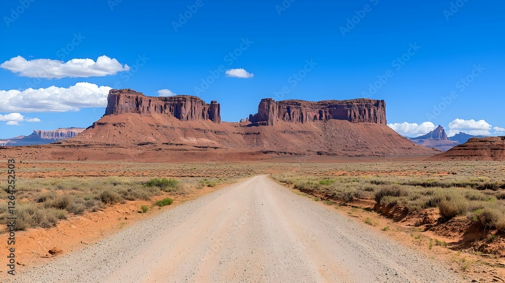 Red Rock Desert Landscape with Dirt Road Leading to Buttes under a Blue Sky Red Rock Desert Landscape with Dirt Road Leading to Buttes under a Blue Sky