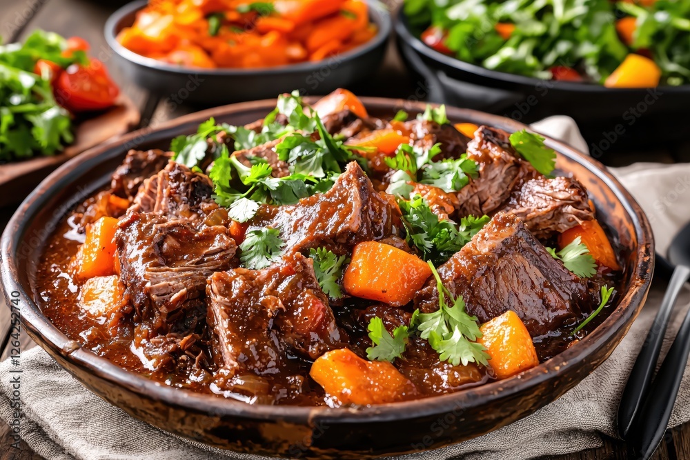 Delicious braised beef with carrots and fresh parsley in a rustic bowl on wooden table Delicious braised beef with carrots and fresh parsley in a rustic bowl on wooden table