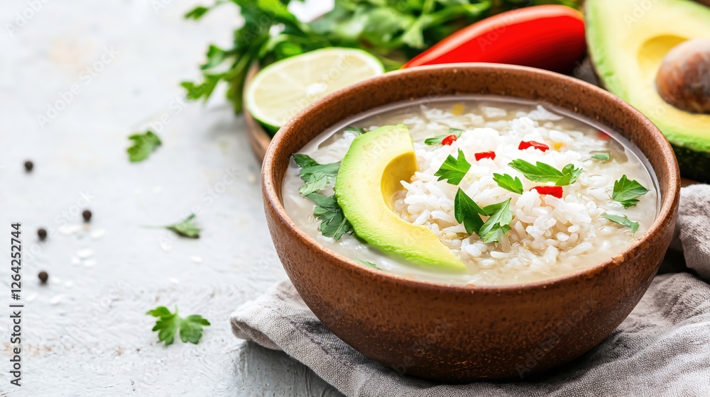 Bowl of Rice Soup with Avocado Lime and Chili Pepper a Delicious Healthy and Vibrant Meal Bowl of Rice Soup with Avocado Lime and Chili Pepper a Delicious Healthy and Vibrant Meal