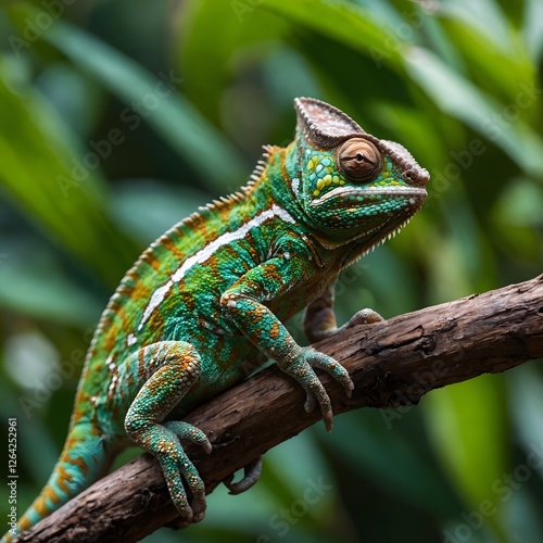 Chameleon Transformation: Camouflaging Among Green Leaves on Tree Branch