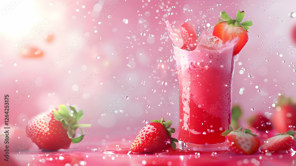 Refreshing strawberry beverage splashing in a vibrant pink setting with fresh strawberries nearby Refreshing strawberry beverage splashing in a vibrant pink setting with fresh strawberries nearby