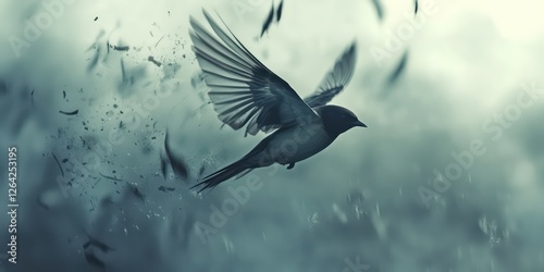 Swallow in flight against a gust of wind, feathers slightly lifted.