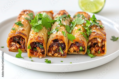Delicious vegan cannelloni with tofu filling garnished with fresh cilantro and lime slice