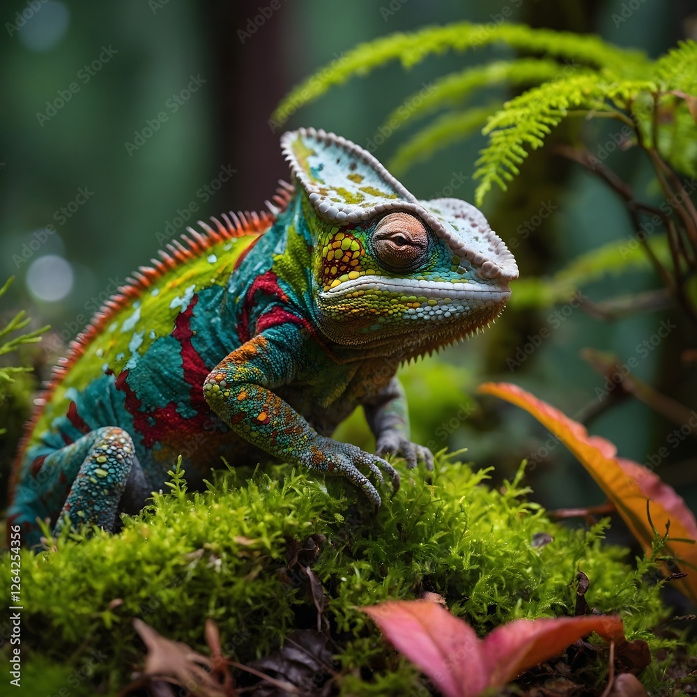 Fototapeta premium Hidden Harmony: Chameleon Blending with Moss and Leaves in Serene Forest