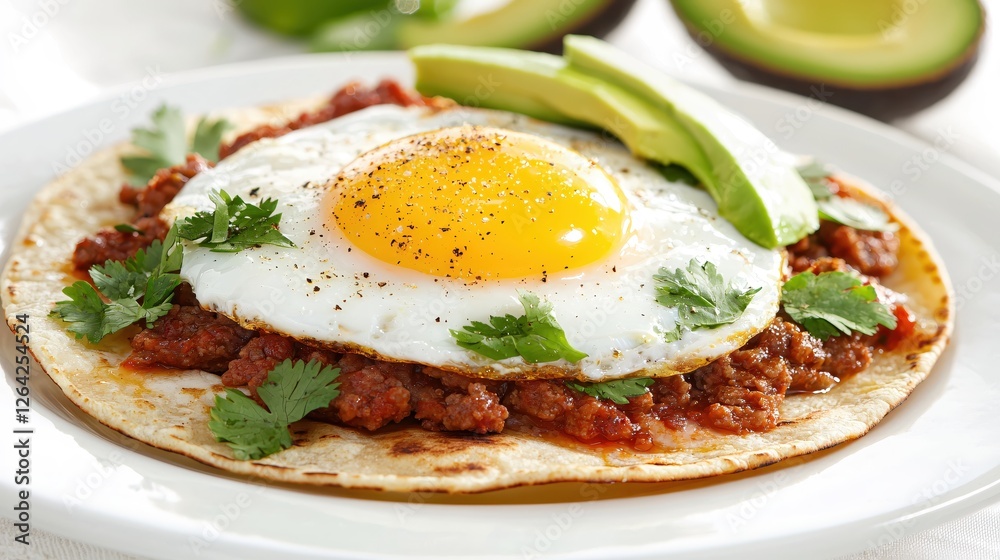 Delicious Breakfast Taco with Fried Egg Chorizo and Avocado Slices on a White Plate Delicious Breakfast Taco with Fried Egg Chorizo and Avocado Slices on a White Plate