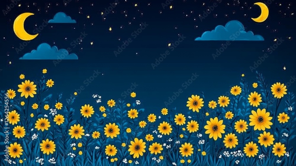 Fototapeta premium Night Sunflower Field Under Crescent Moons and Sparkling Starry Sky Creates Dreamy and Serene Vector Background