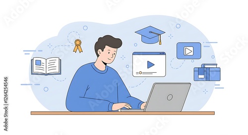 E-learning with man using laptop, online education, graduation cap and video tutorial