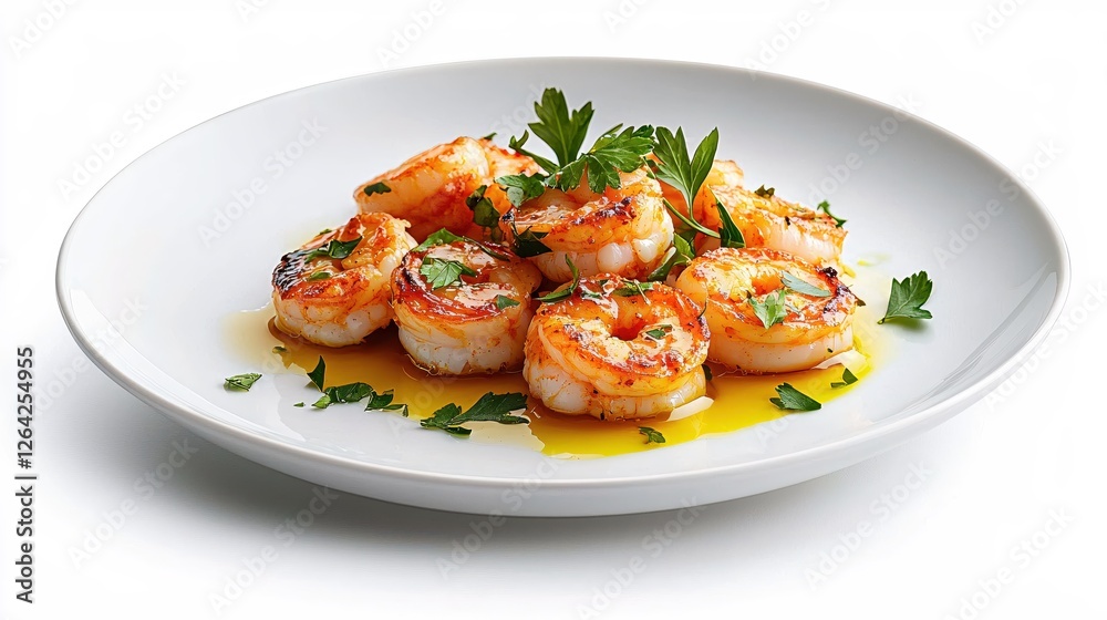 Delicious Grilled Shrimp with Fresh Parsley on White Plate Culinary Food Photography Delicious Grilled Shrimp with Fresh Parsley on White Plate Culinary Food Photography