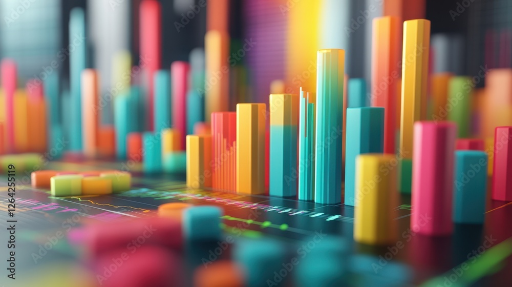 Colorful 3D bar graph chart, data visualization. Illustrates growth, progress, and financial success.