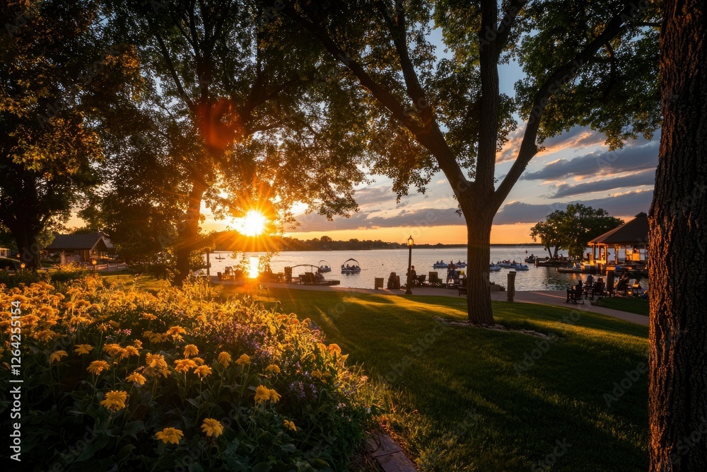 Obraz premium Sunset over a lake with trees, lawn and flowers by shore for nature themed content