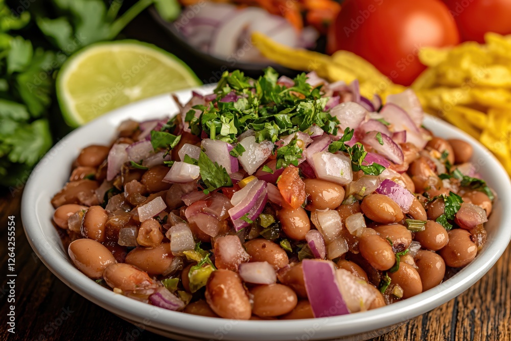 Delicious bean salad with fresh red onion cilantro and lime served in a white bowl Delicious bean salad with fresh red onion cilantro and lime served in a white bowl