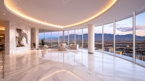 Luxury penthouse sunset view, city panorama, marble floor