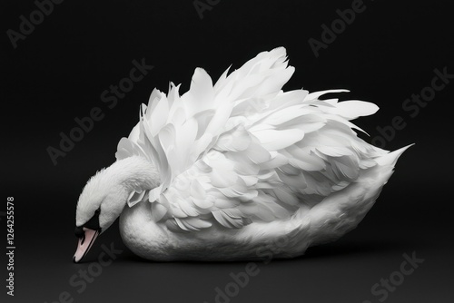 Fototapeta Naklejka Na Ścianę i Meble -  Majestic white swan preening its feathers against a black background. Symbolism use