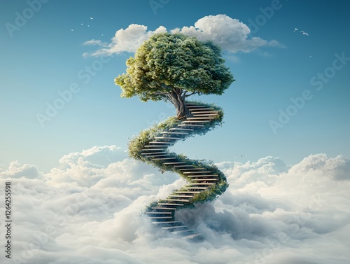 A colossal, ancient tree that reaches beyond the clouds, with a spiral staircase wrapping around its trunk, leading to a hidden kingdom in the sky. copyspace, no trademark, no watermark.