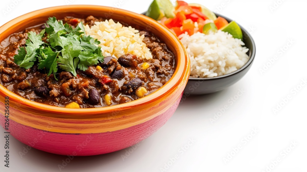 Hearty chili with rice and fresh cilantro in colorful bowl on white background Hearty chili with rice and fresh cilantro in colorful bowl on white background