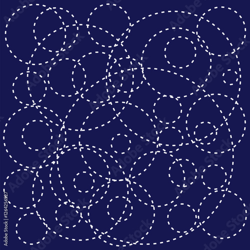 stitch Japanese Sashiko pattern embroidery abstract seamless geometric ornaments white stitch line artwork indigo blue background fashion design template decoration hand drawn printed needlework quilt