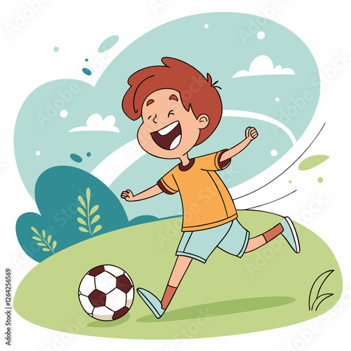 Joyful Boy Kicking Soccer Ball in Sunny Field