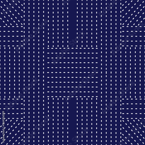 stitch Japanese Sashiko pattern embroidery abstract seamless geometric ornaments white stitch line artwork indigo blue background fashion design template decoration hand drawn printed needlework quilt