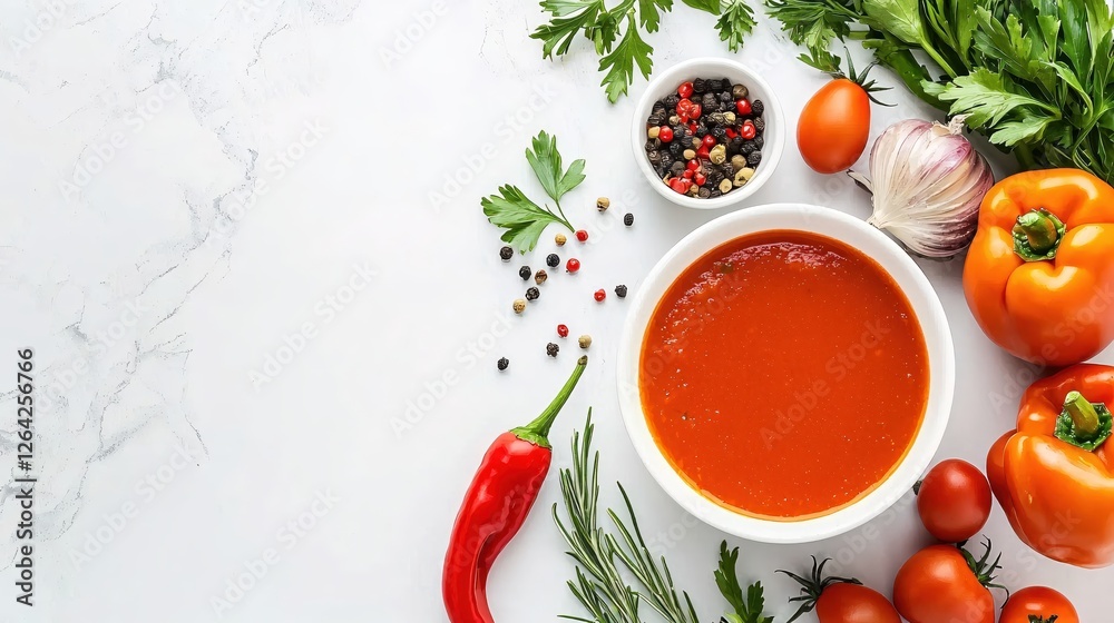 Fresh tomato soup with colorful peppers and aromatic herbs on a bright marble background Fresh tomato soup with colorful peppers and aromatic herbs on a bright marble background