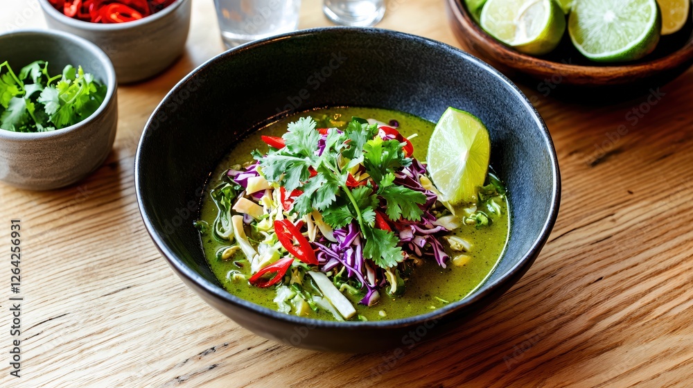 Vibrant green curry bowl with fresh herbs and lime on rustic wooden table closeup view Vibrant green curry bowl with fresh herbs and lime on rustic wooden table closeup view