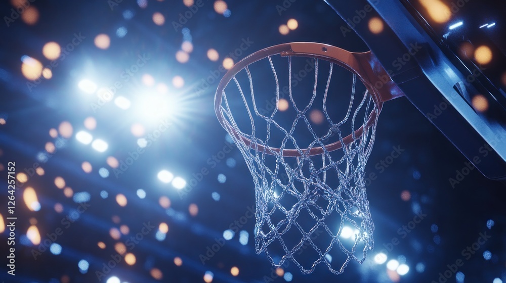 A basketball hoop illuminated by bright lights, capturing the essence of sports excitement. A basketball hoop illuminated by bright lights, capturing the essence of sports excitement.