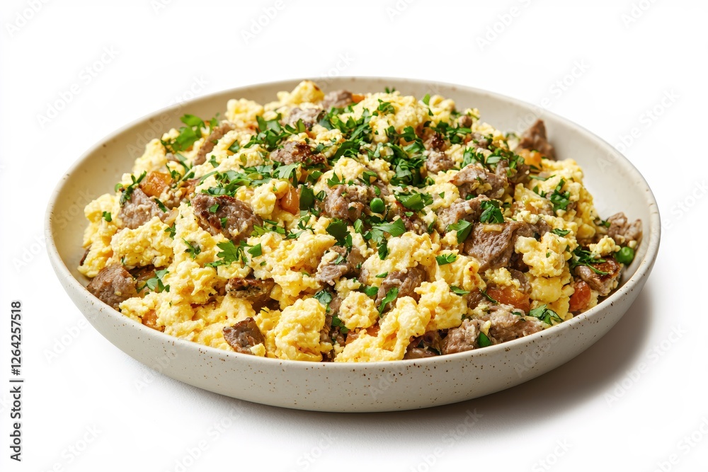 Delicious Scrambled Eggs with Sausage and Fresh Parsley on a White Plate Close Up Shot Delicious Scrambled Eggs with Sausage and Fresh Parsley on a White Plate Close Up Shot