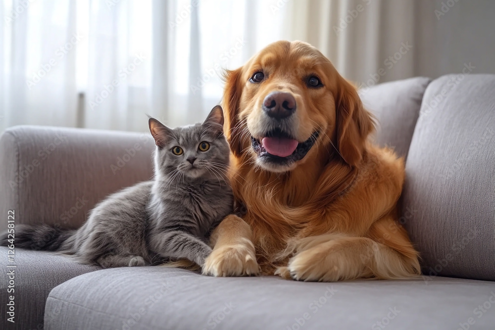 A cute dog and cat sit together on a cozy sofa, capturing their sweet moment with adorable pet photography. A cute dog and cat sit together on a cozy sofa, capturing their sweet moment with adorable pet photography.