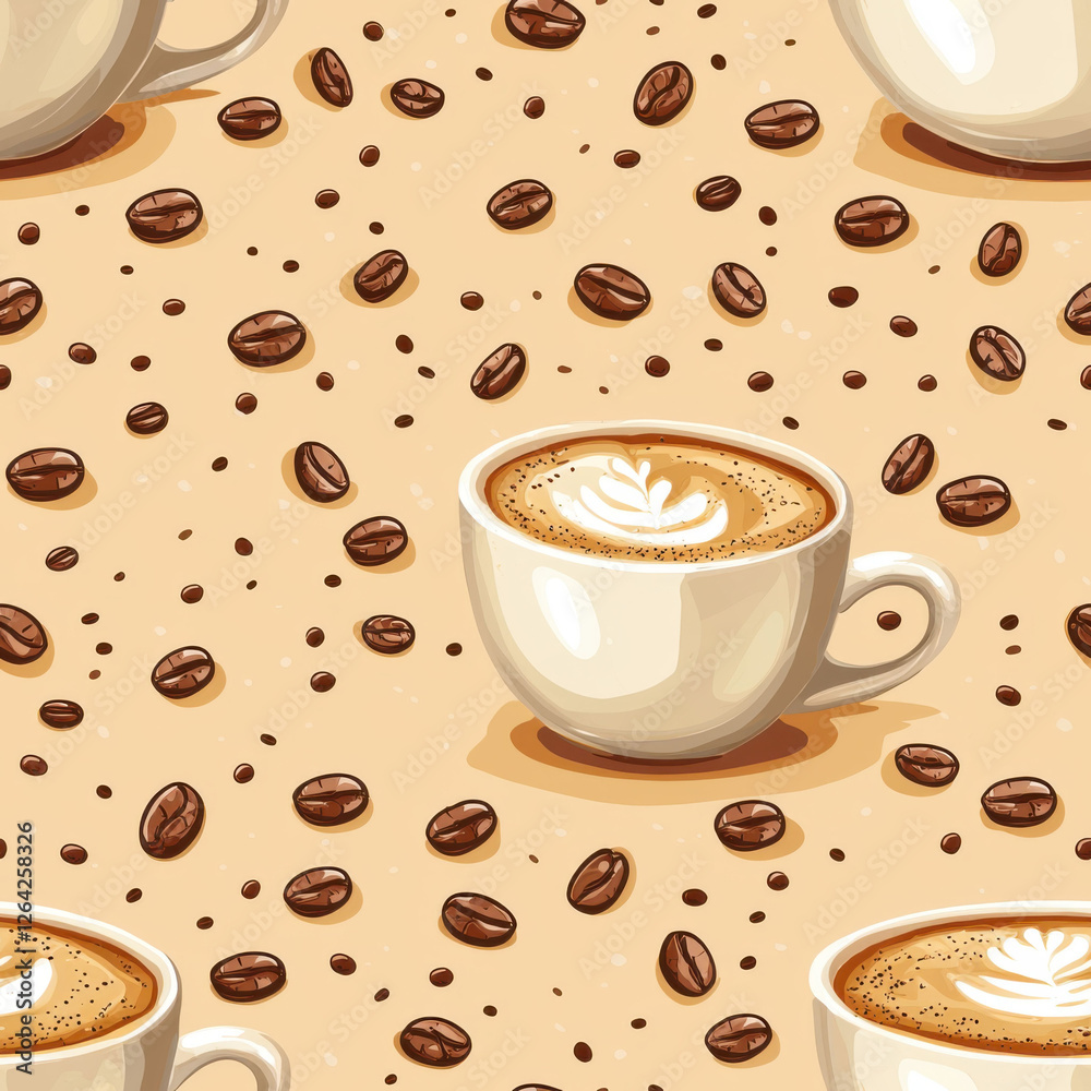 Obraz premium Seamless pattern of coffee cups and coffee beans on beige background