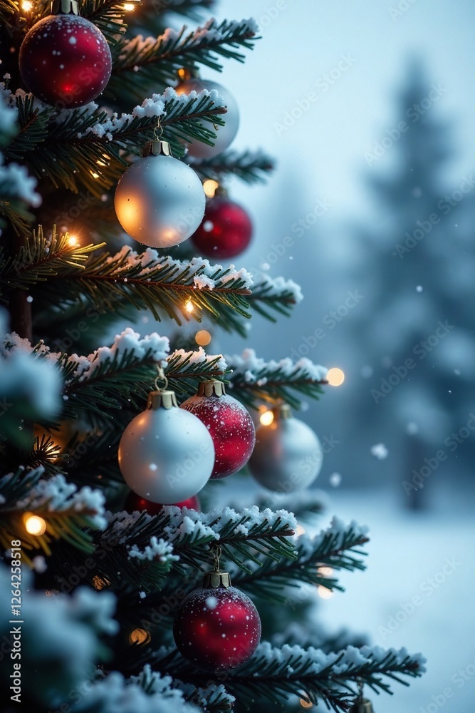 Snowflakes gently falling on a frosty Christmas tree, snowy decorations, frosty ornaments, snowy atmosphere Snowflakes gently falling on a frosty Christmas tree, snowy decorations, frosty ornaments, snowy atmosphere