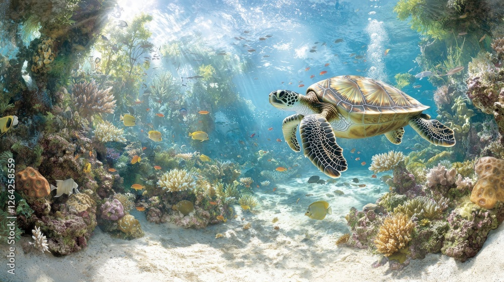 Naklejka premium Underwater Coral Reef Scene Sea Turtle Tropical Fish Ocean Life