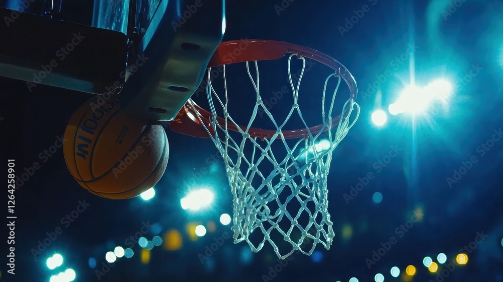 A basketball is about to enter the hoop under bright lights in a sports arena. A basketball is about to enter the hoop under bright lights in a sports arena.