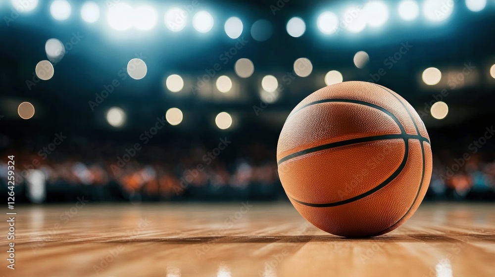 A basketball resting on a polished court, illuminated by bright arena lights. A basketball resting on a polished court, illuminated by bright arena lights.
