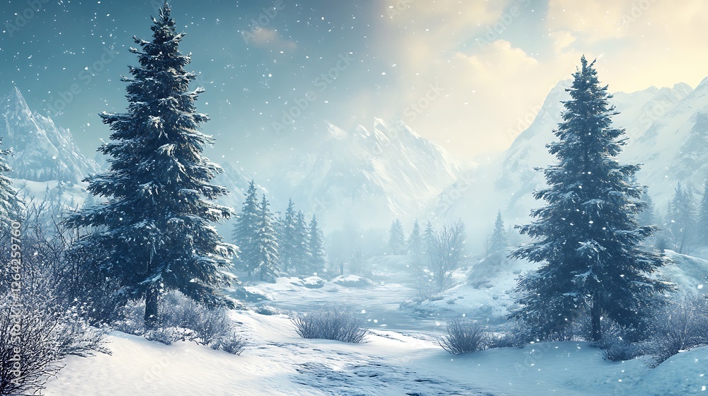 custom made wallpaper toronto digitalSerene Winter Landscape with Snowy Mountains and Evergreen Trees Under a Cloudy Sky